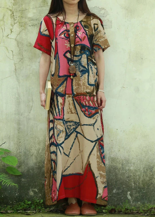 Pink O-neck Print Cotton Long Dress Short Sleeve