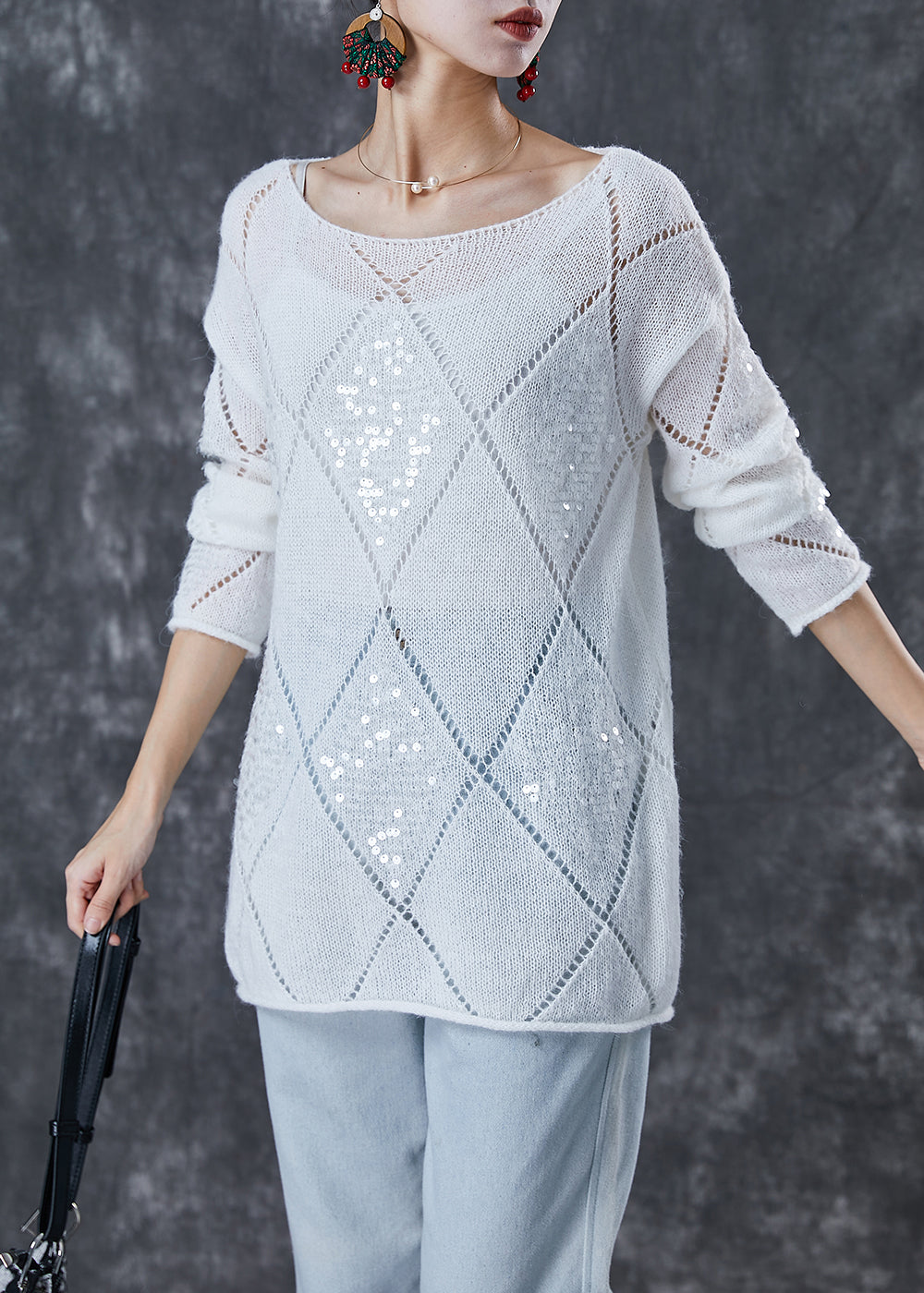 White Sequins Hollow Out Knit Sweater Fall