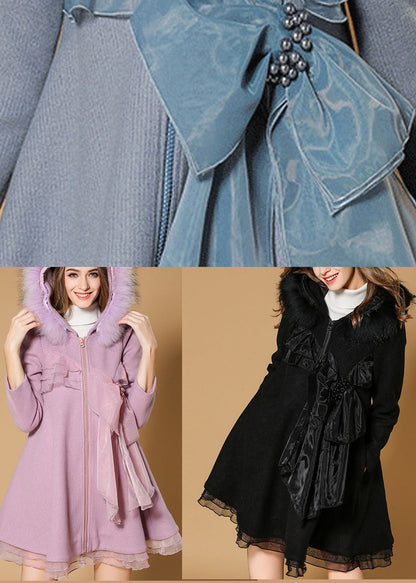 Handmade Black Hooded Fur Collar Nail Bead Organza Fall Woolen Coat