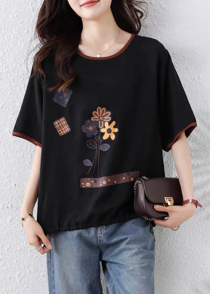 Black O Neck Print Lace Up Cotton T Shirt Summer