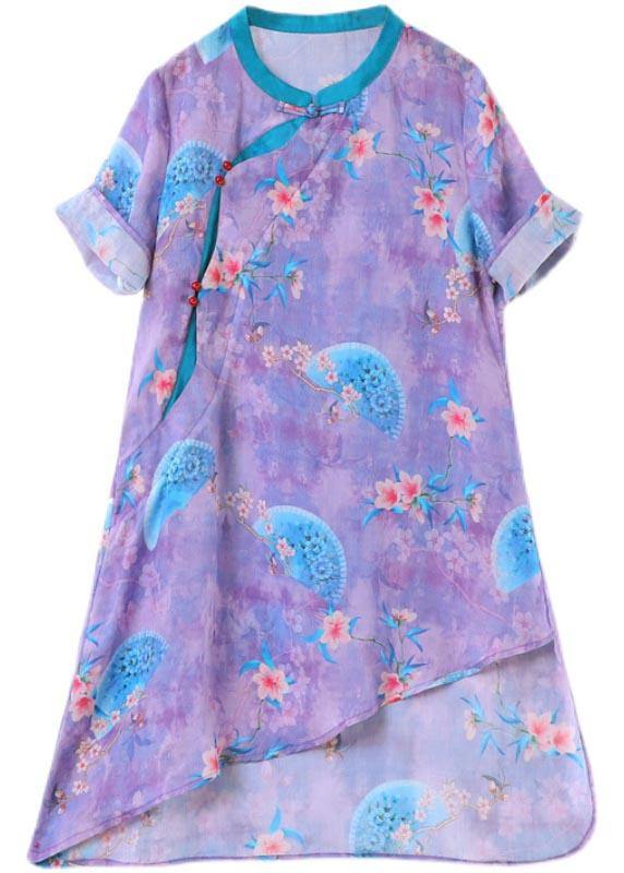 Purple Print Linen Asymmetrical Design Shirt Summer