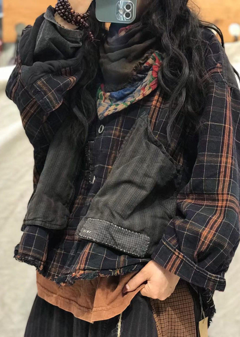 Black Pockets Peter Pan Collar Plaid Patchwork Coats Spring