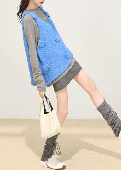 Gradient Blue Knit Vests Oversized Winter