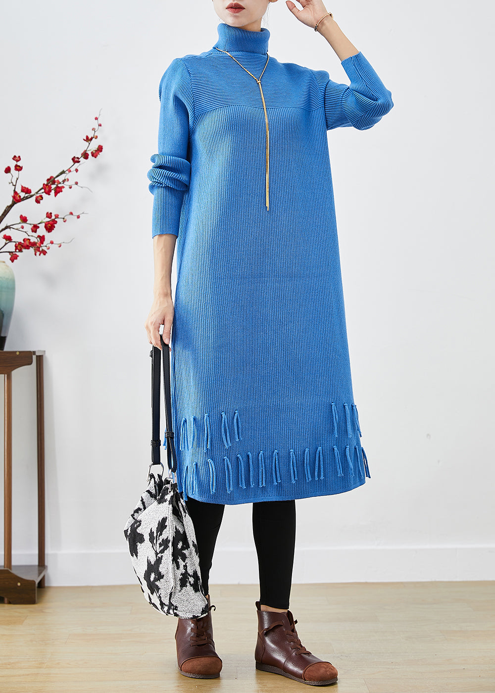 Blue Turtle Neck Tasseled Knitted Dress Fall