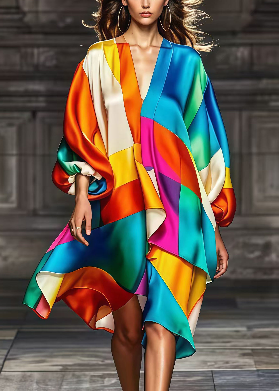 Rainbow Asymmetrical Patchwork Silk Party Dress Spring