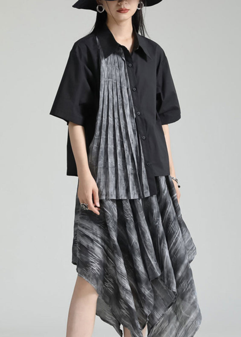 French Black Peter Pan Collar Wrinkled Patchwork Cotton Shirt Summer