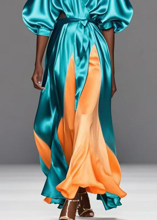 Green V Neck Patchwork Draping Silk Maxi Dress Summer