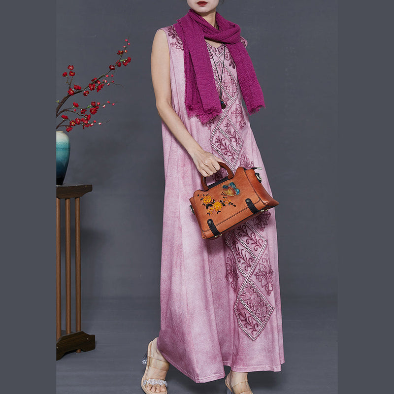 Purple Embroidered Tie Dye Cotton Dress Sleeveless
