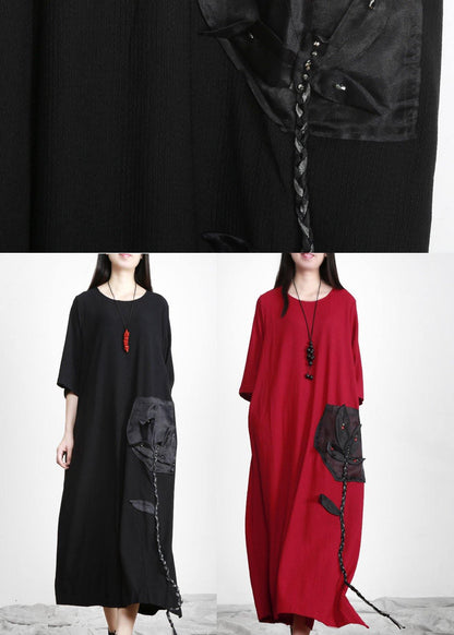 Red Patchwork Appliques Pockets Dress Fall