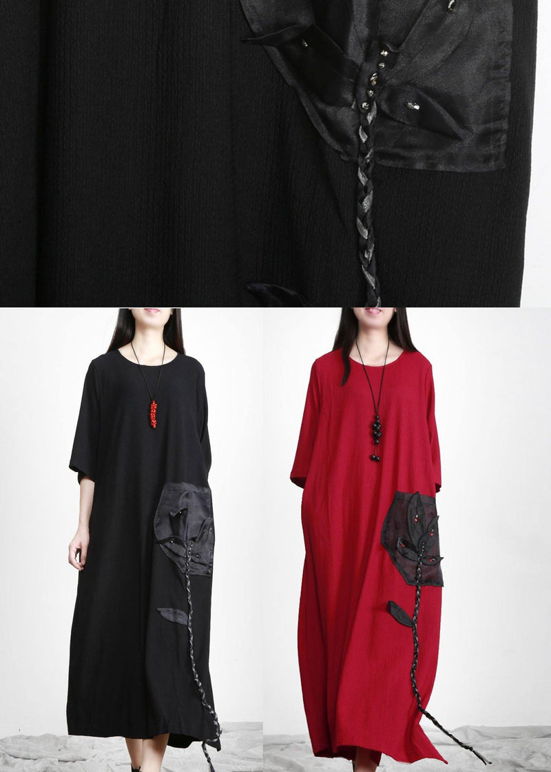 Red Patchwork Appliques Pockets Dress Fall