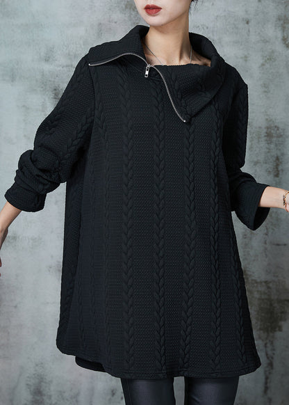 Black Asymmetrical Zippered Knit Sweatshirt Spring
