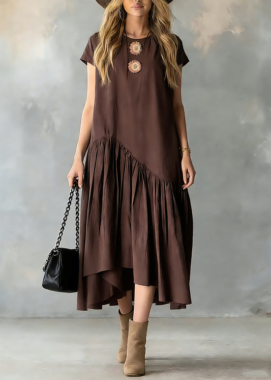 Coffee O-neck Wrinkled Patchwork Long Dresses Short Sleeve