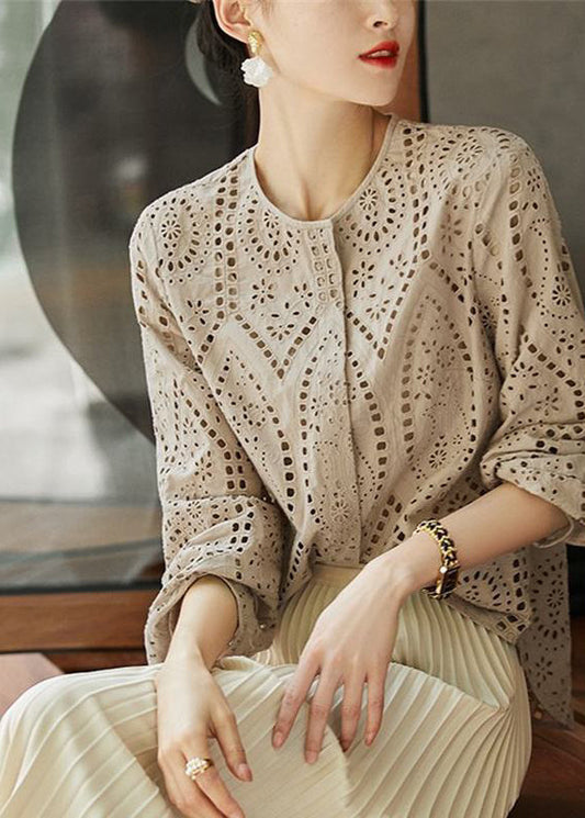 Light Khaki O Neck Hollow Out Cotton Blouses Long Sleeve