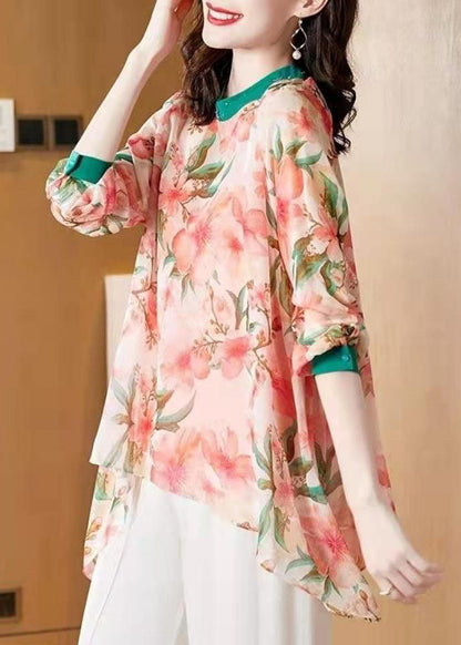 Pink Asymmetrical Patchwork Print Chiffon Top Spring