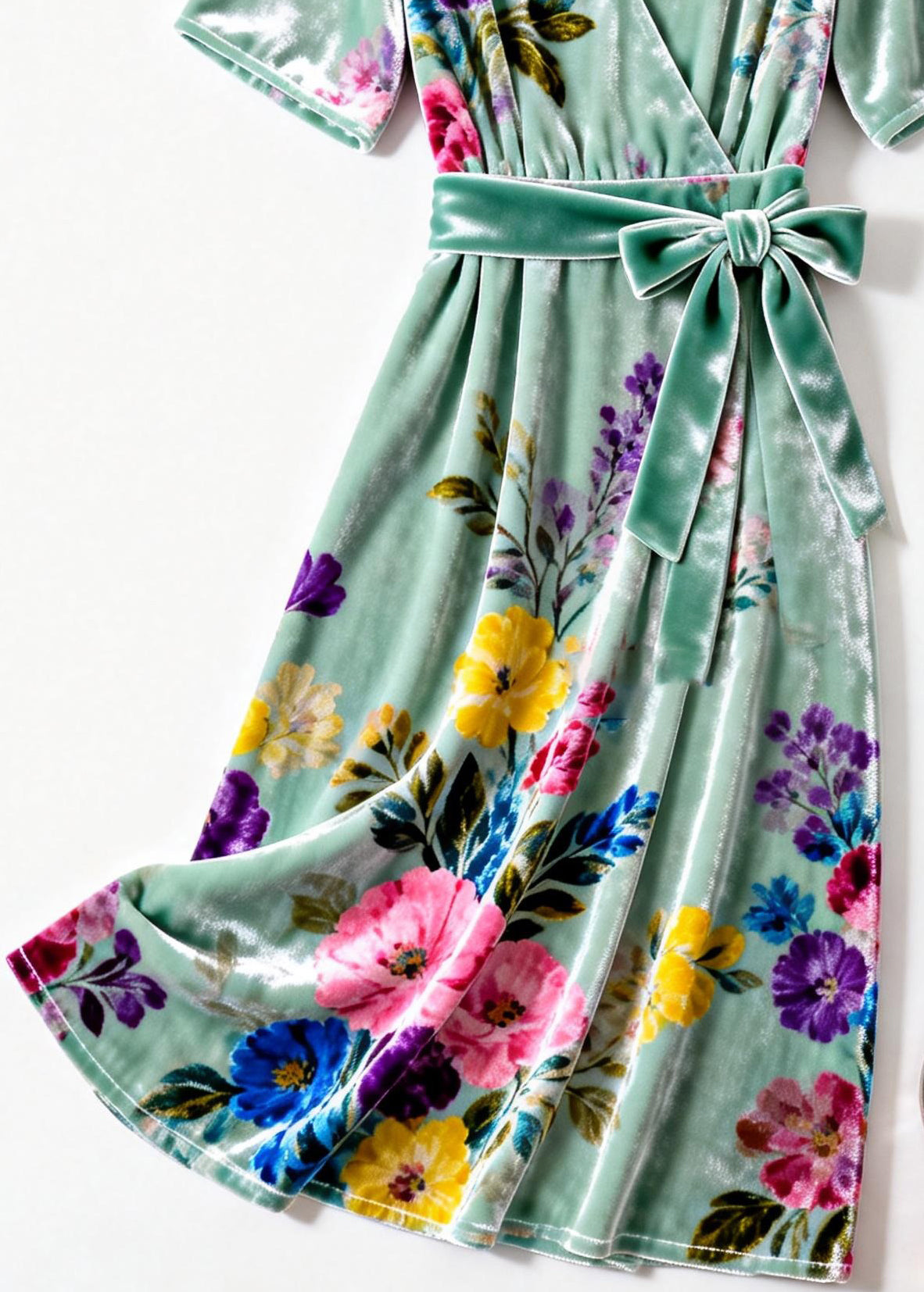 Green V Neck Print Tie Waist Silk Velvet Dresses Summer