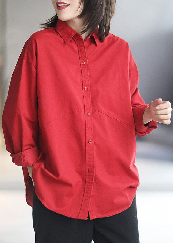Red Peter Pan Collar Patchwork Cotton Shirts Fall