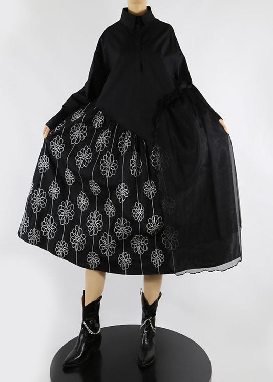 Black Peter Pan Collar Print Tulle Patchwork Shirt Dresses Spring