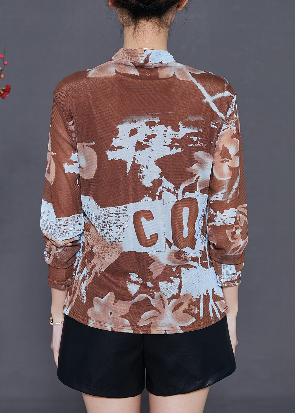 Khaki V Neck Print Tulle Shirt Tops Summer