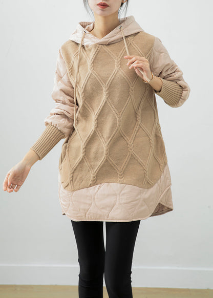 Beige Hooded Patchwork Fine Cotton Filled Sweatshirt Dress Winter