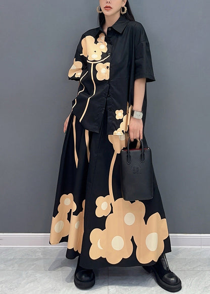 Diy Black Peter Pan Collar Print Cotton Two Pieces Set Summer
