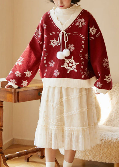Red V Neck Thick Embroideried Knit Knitted Tops Fall