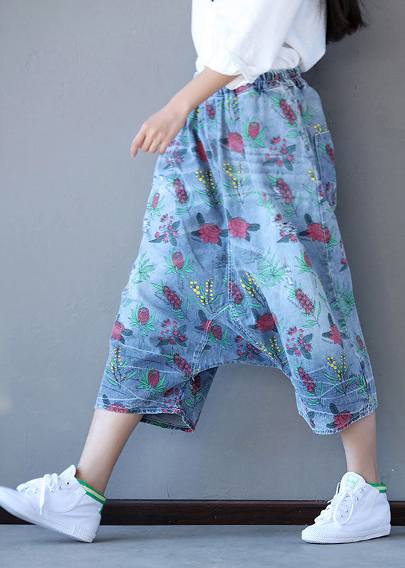 Handmade Denim Blue Elastic Waist Oversized Print Cotton Harem Pants Spring