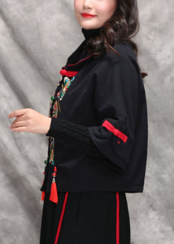 Black Peter Pan Collar Embroideried Coats Long Sleeve