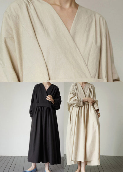 Beige V Neck Wrinkled Cotton Dress Long Sleeve