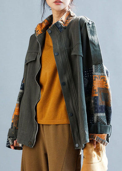 French Army Green Zippered Oversized Patchwork Cotton Coats Fall
