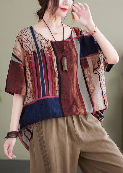 Chocolate Red Print Cotton Loose Tank Tops O-neck Short Sleeve