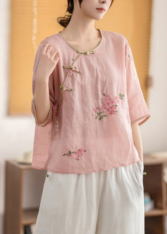 Yellow O Neck Oriental Button Linen Shirt Summer