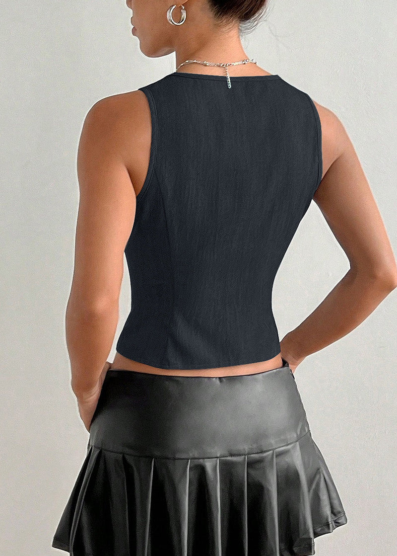 Stylish Navy V Neck Lace Up Cotton Top Sleeveless