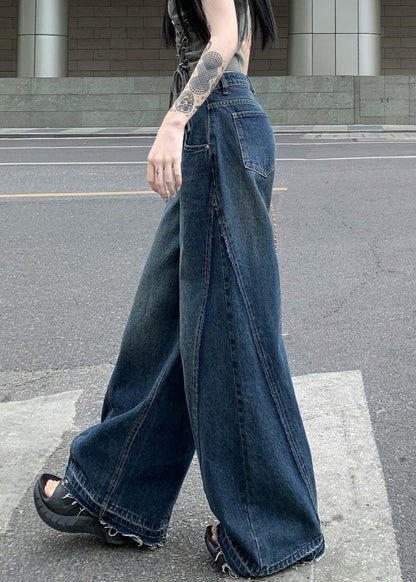 Blue Zip Up Pockets Denim Wide Leg Pants Summer