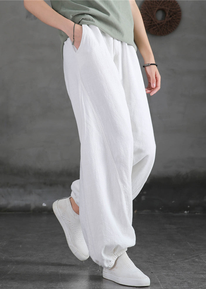 New White Pockets High Waist Cotton Beam Pants
