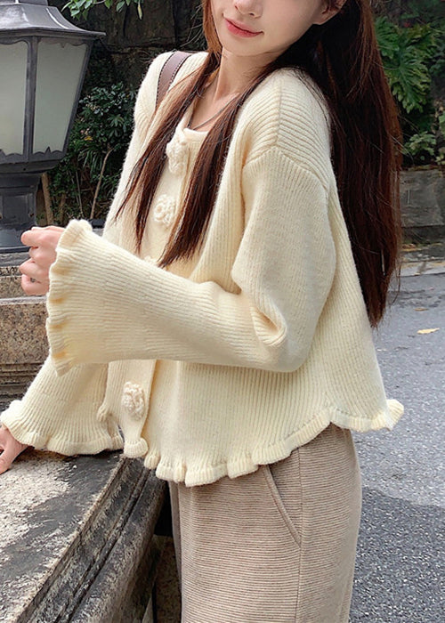 Beige Cozy Knit Sweater O Neck Flare Sleeve