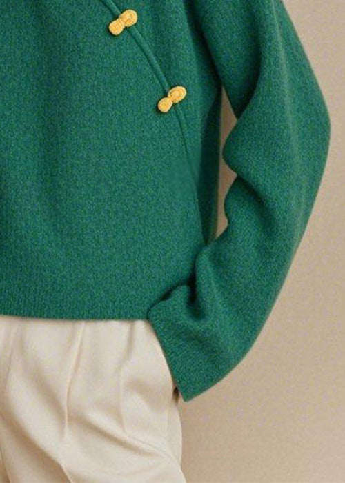 Simple Green V Neck Button Knit Sweater Fall