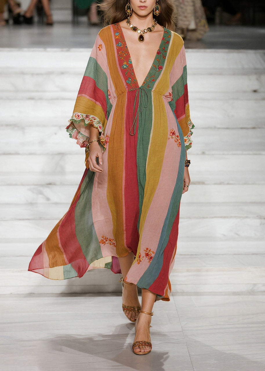 Style Colorblock Deep-v Neck Striped Cotton Holiday Dresses Spring