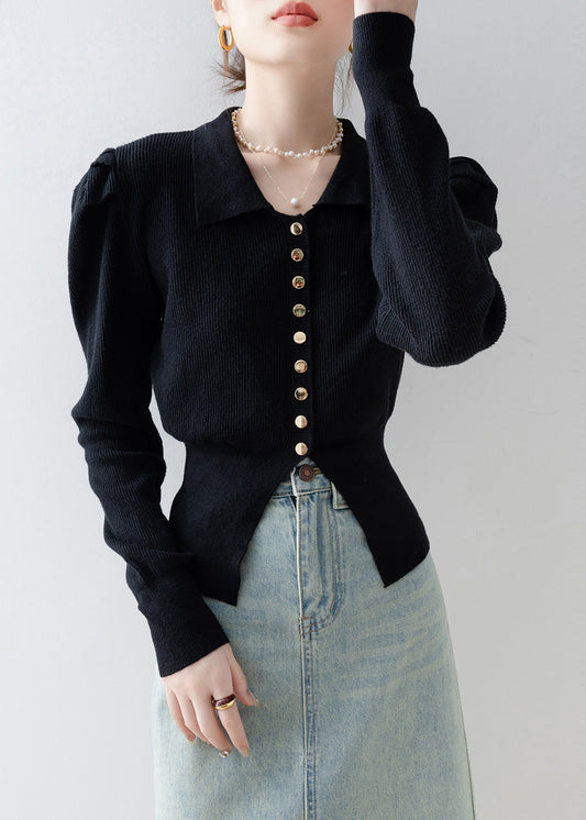 Black Silm Fit Knit Cardigan Side Open Puff Sleeve