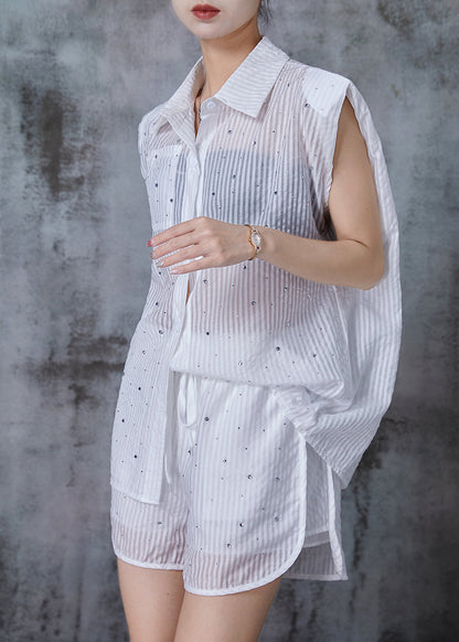 White Striped Zircon Cotton Two Pieces Set Summer