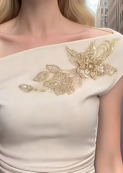 Beige Embroideried Cotton One Shoulder Tops Summer