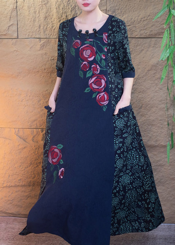 Navy O-neck Print Patchwork Side Open Robe Dresses Short Sleeve