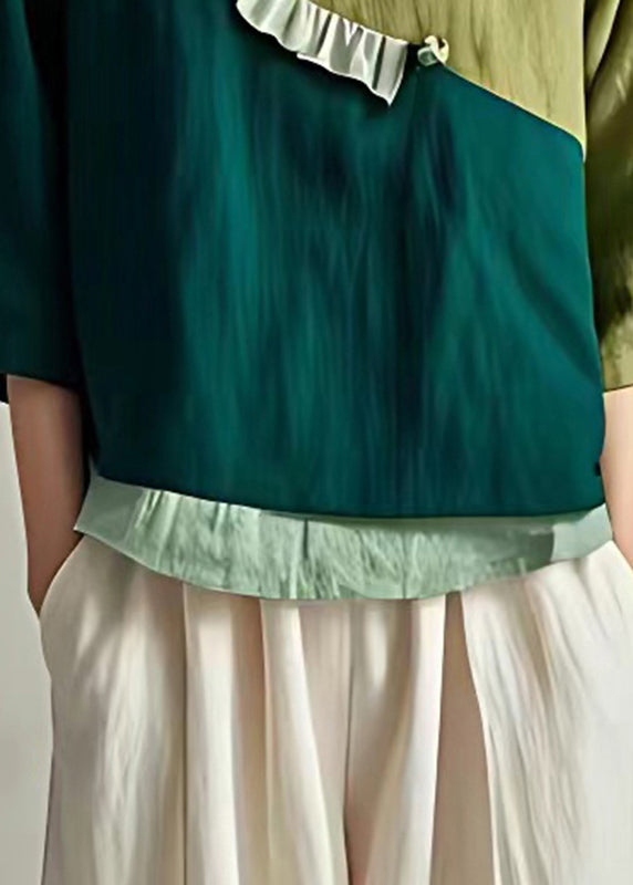 Green Ruffled Patchwork T Shirt Summer