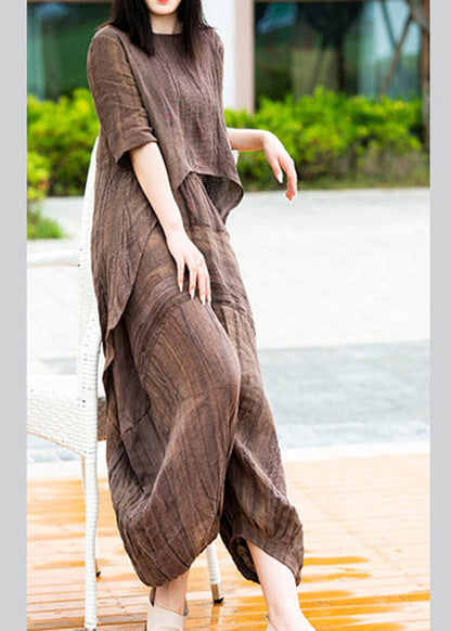 Chocolate O-neck Asymmetrical Linen Top and Lantern Pants Two Pieces Set Summer