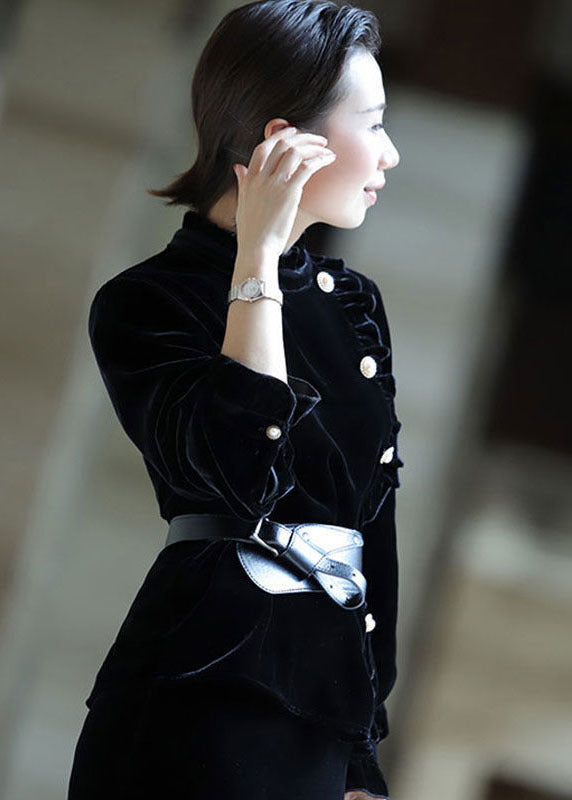 Red Stand Collar Ruffled Button Silk Velour Shirt Top Long Sleeve