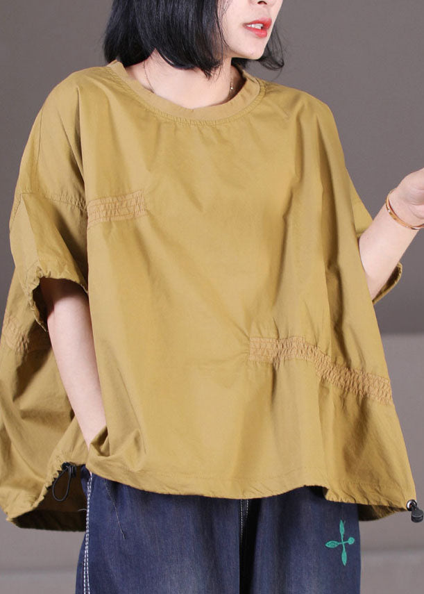 Fine Yellow O-neck Wrinkled Oversized Cotton Loose Sweatshirts Top Short Sleeve