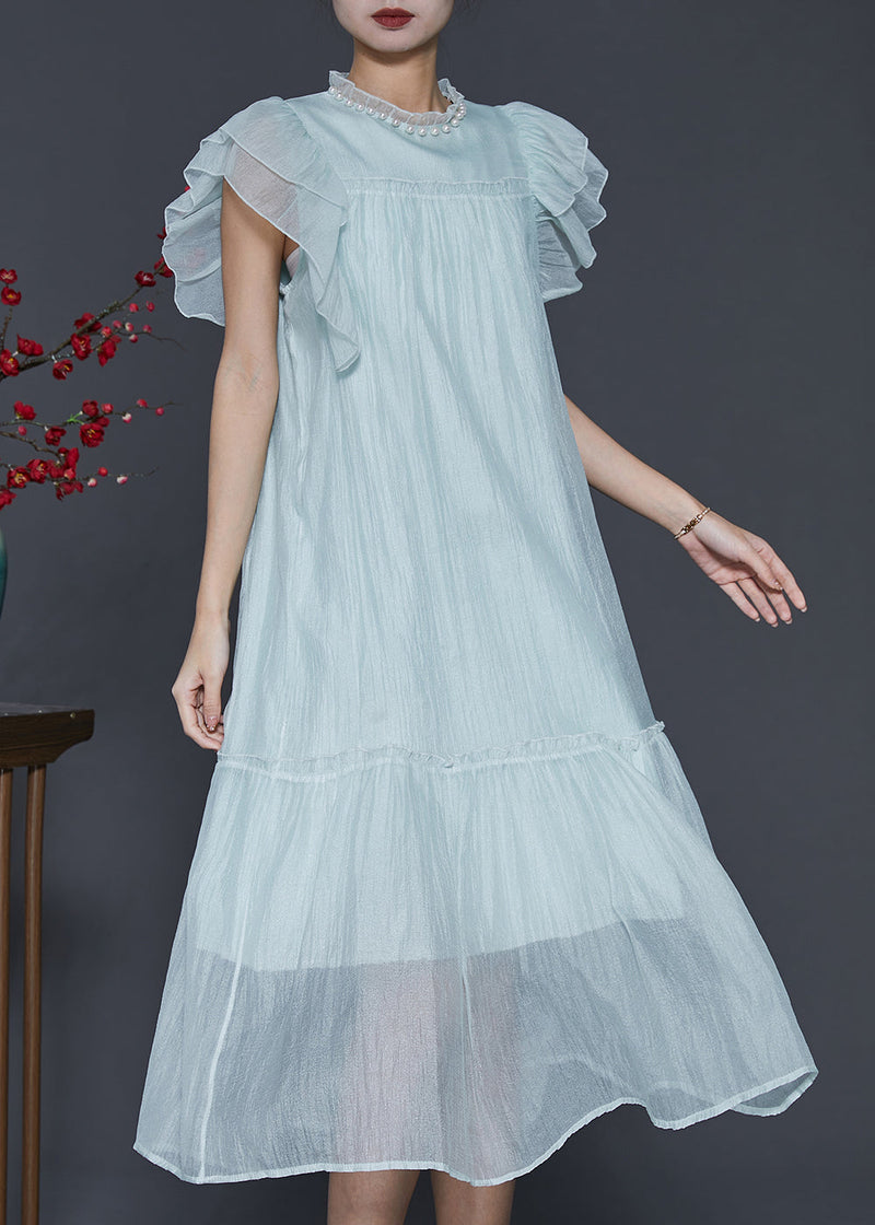Sky Blue Ruffled Silk Maxi Dresses Summer