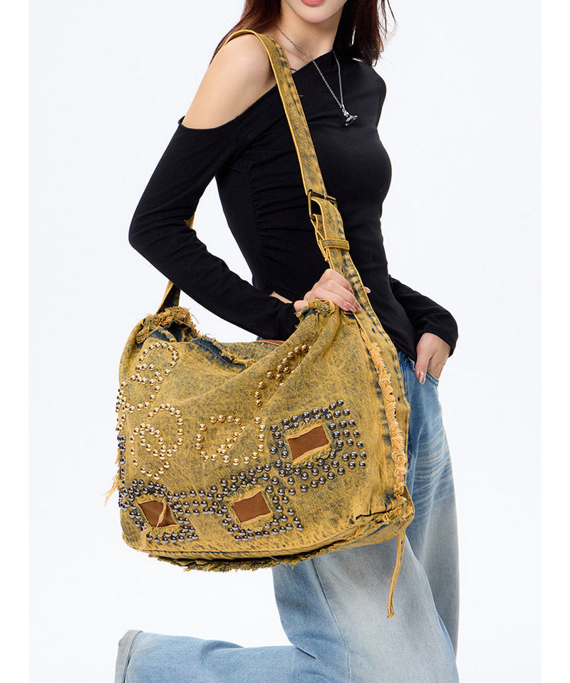 Brown Rivet Large Capacity Applique Denim Messenger Bag