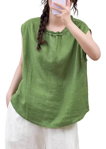 Loose Green Oversized Ruffled Linen Shirt Sleeveless
