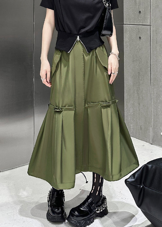 New Army Green Pockets High Waist Patchwork Cotton a Line Skirts Fall