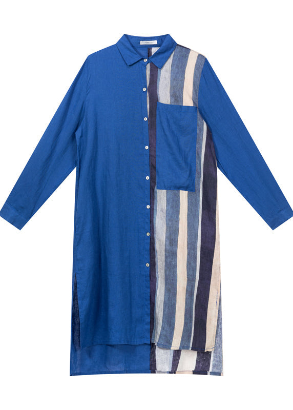 Boutique Blue Peter Pan Collar Striped Linen Long Shirts Spring